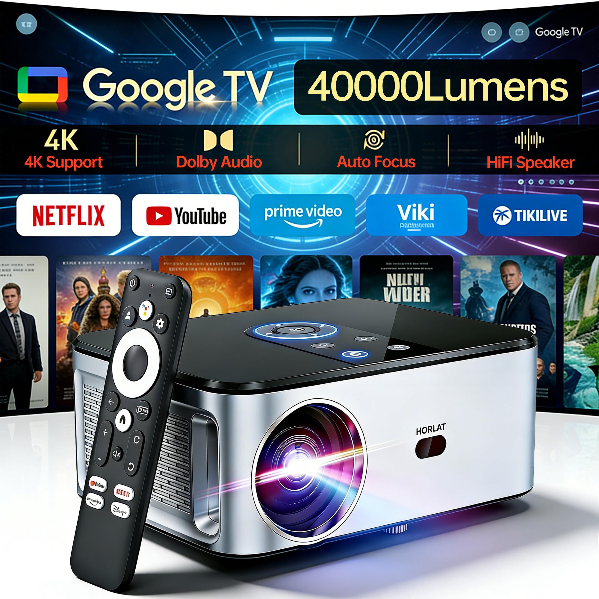 Home Cinema Kit - HORLAT 2000Ansi Lumens 4K LED Google